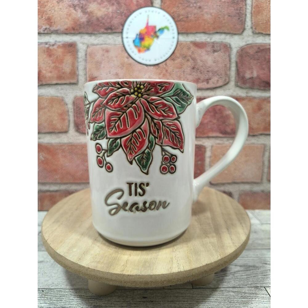 Spectrum Designz Camden Poinsettia 16oz Ceramic Coffee Mug Tis' Season NWT